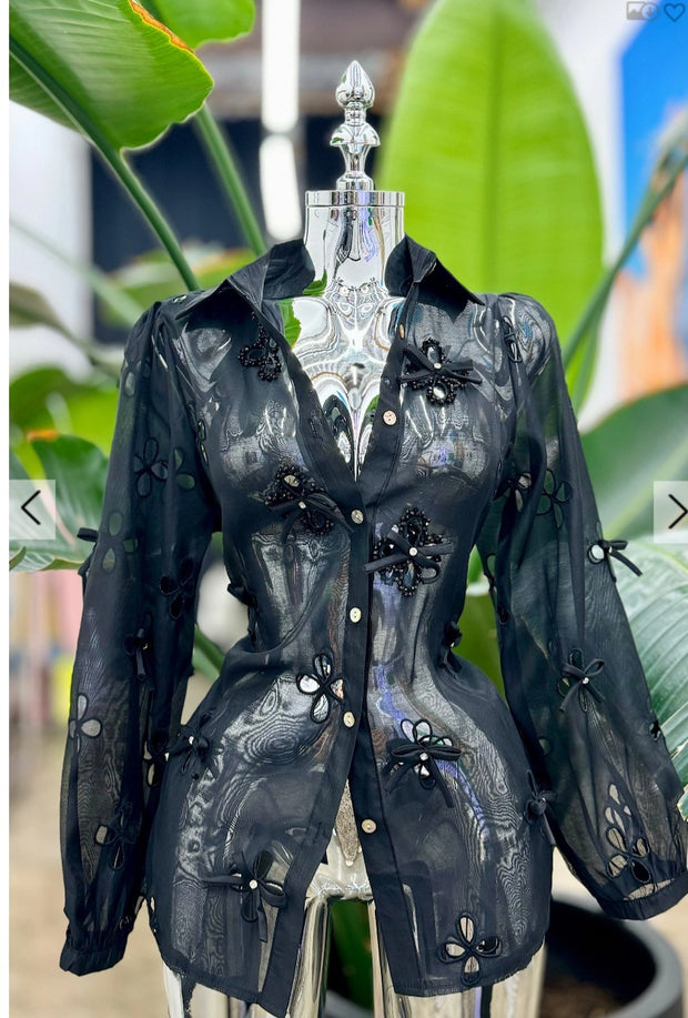 Black blouse w/ studded flower cut outs